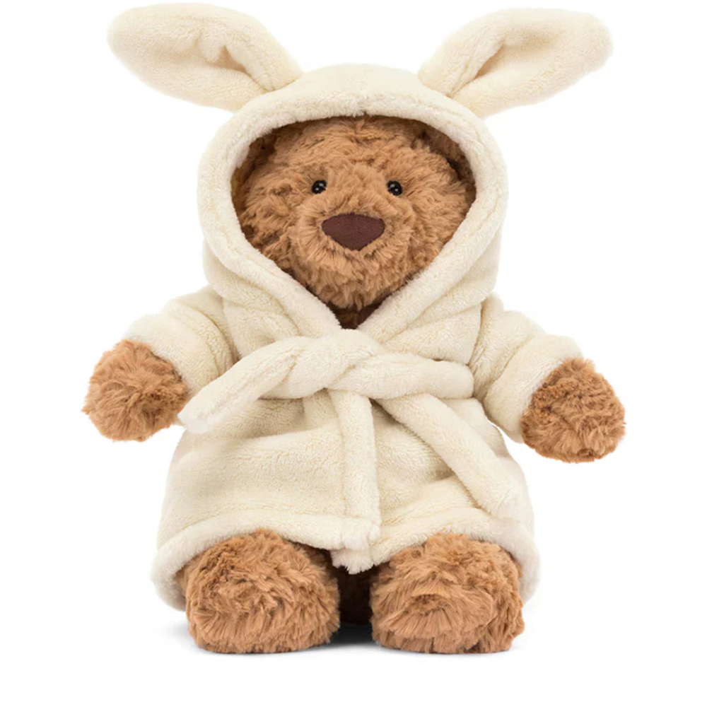 Peluche Ours marron dans une tenue façon peignoir