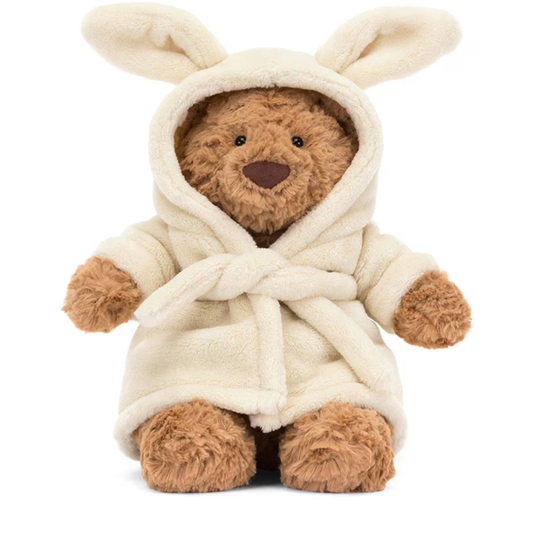 Peluche Ours marron dans une tenue façon peignoir
