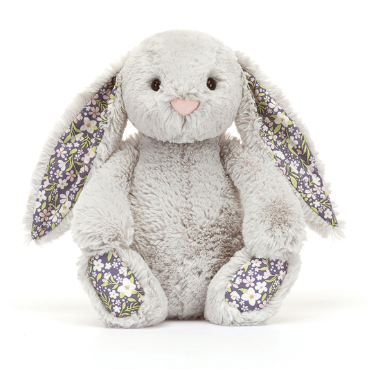 Peluche Lapin Blossom Silver Bloom grise aux accents floraux