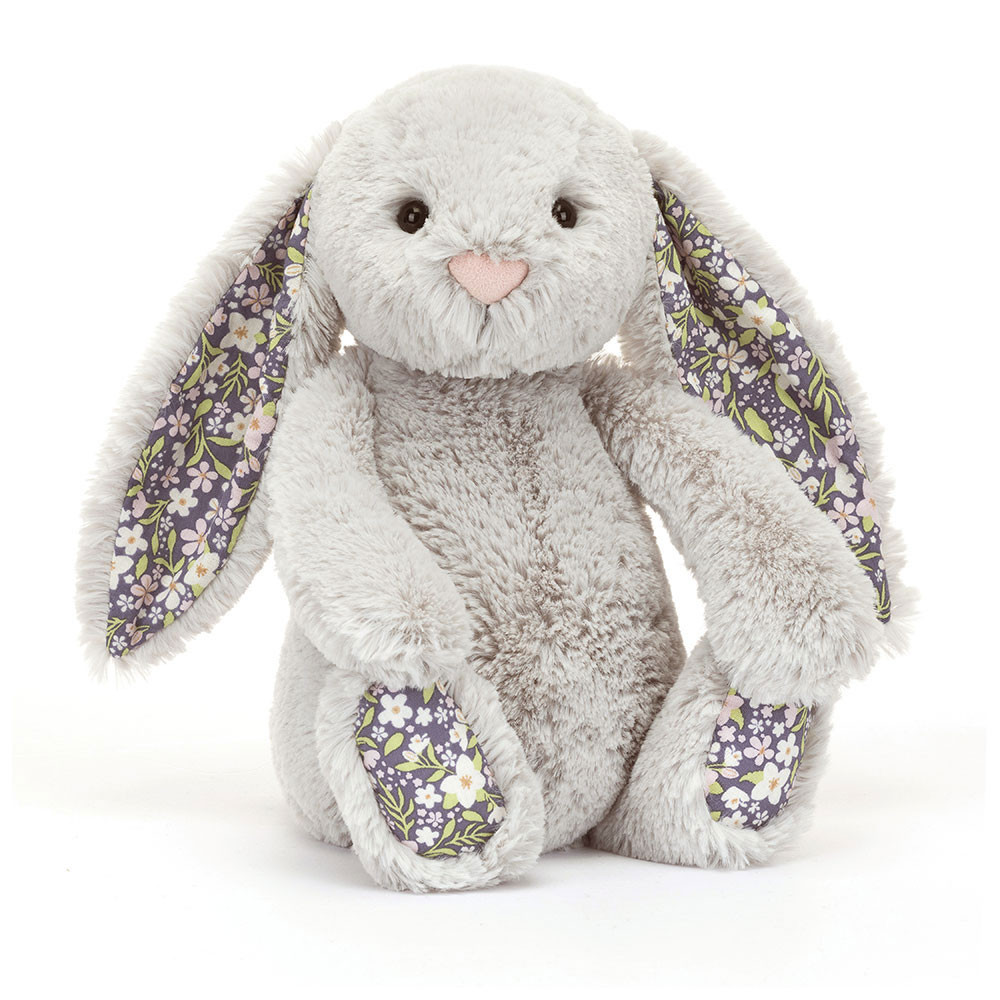 Peluche Lapin Blossom Silver Bloom grise aux accents floraux – vue 2